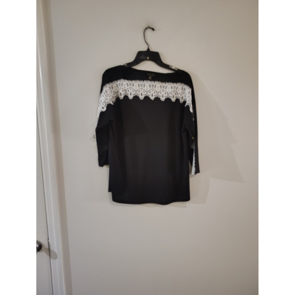 Melissa Paige Petite Black 3/4 Sleeve Top White Crochet Lace Yoke Blouse PL